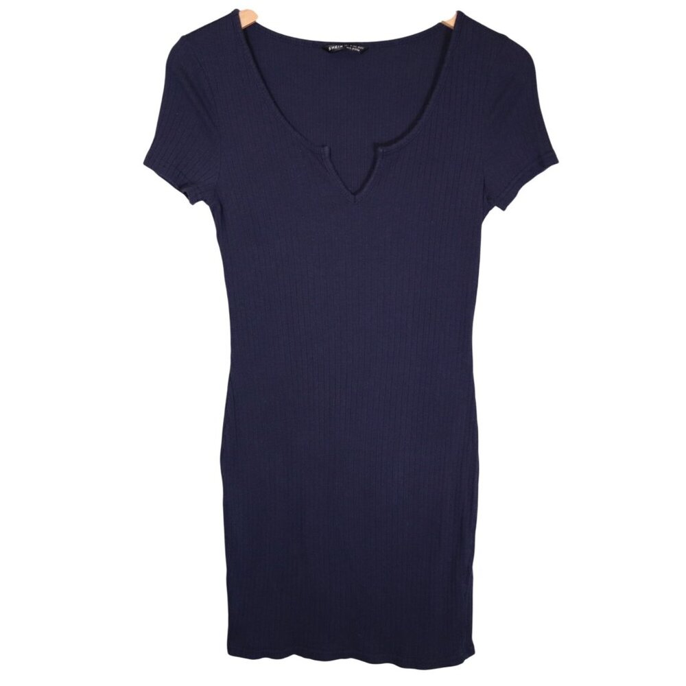 Shein Navy Blue Ribbed Short Sleeve V-Neck Bodycon Dress Size L